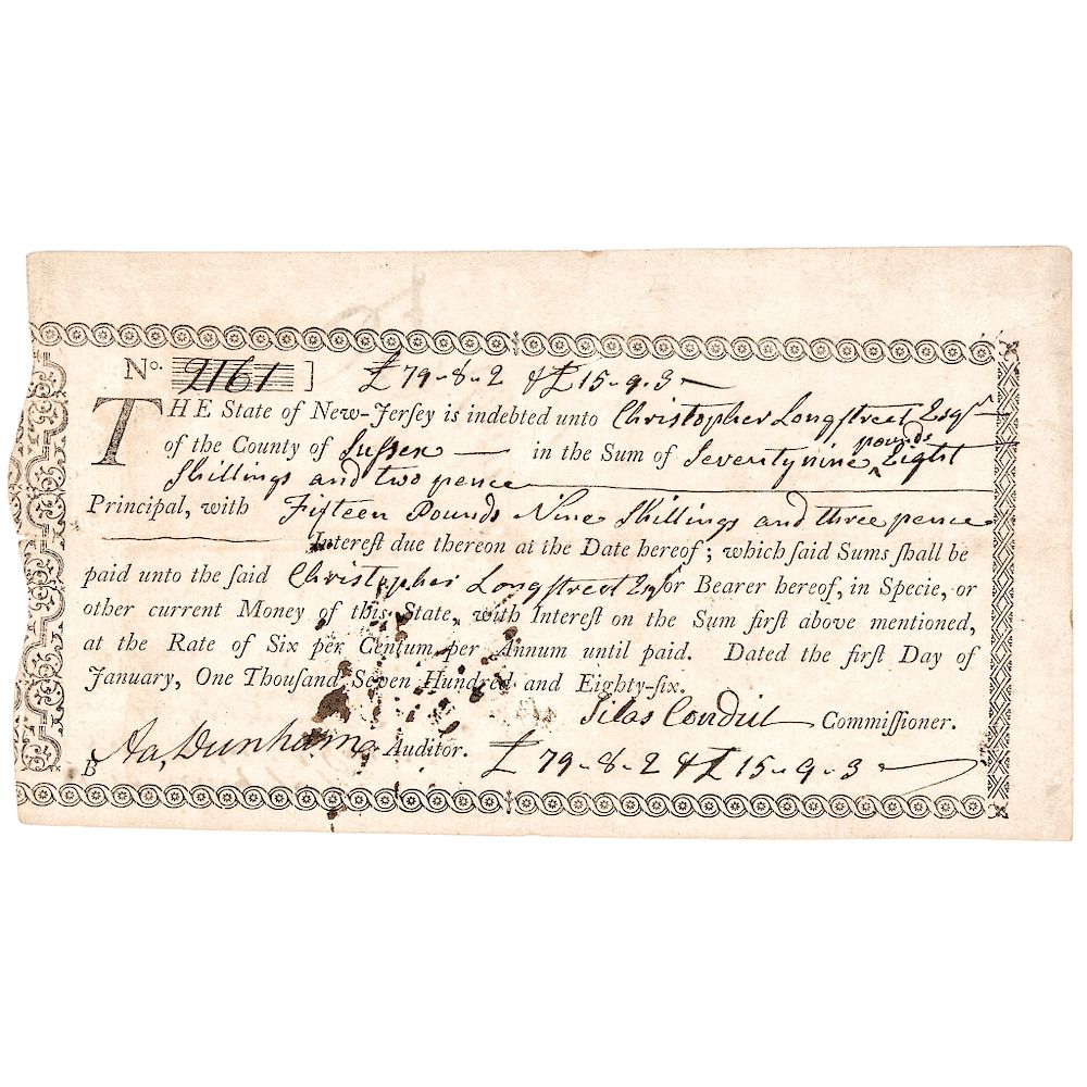 Appraisal: Fiscal Document Paying NJ Revolutionary War Debt - Only to