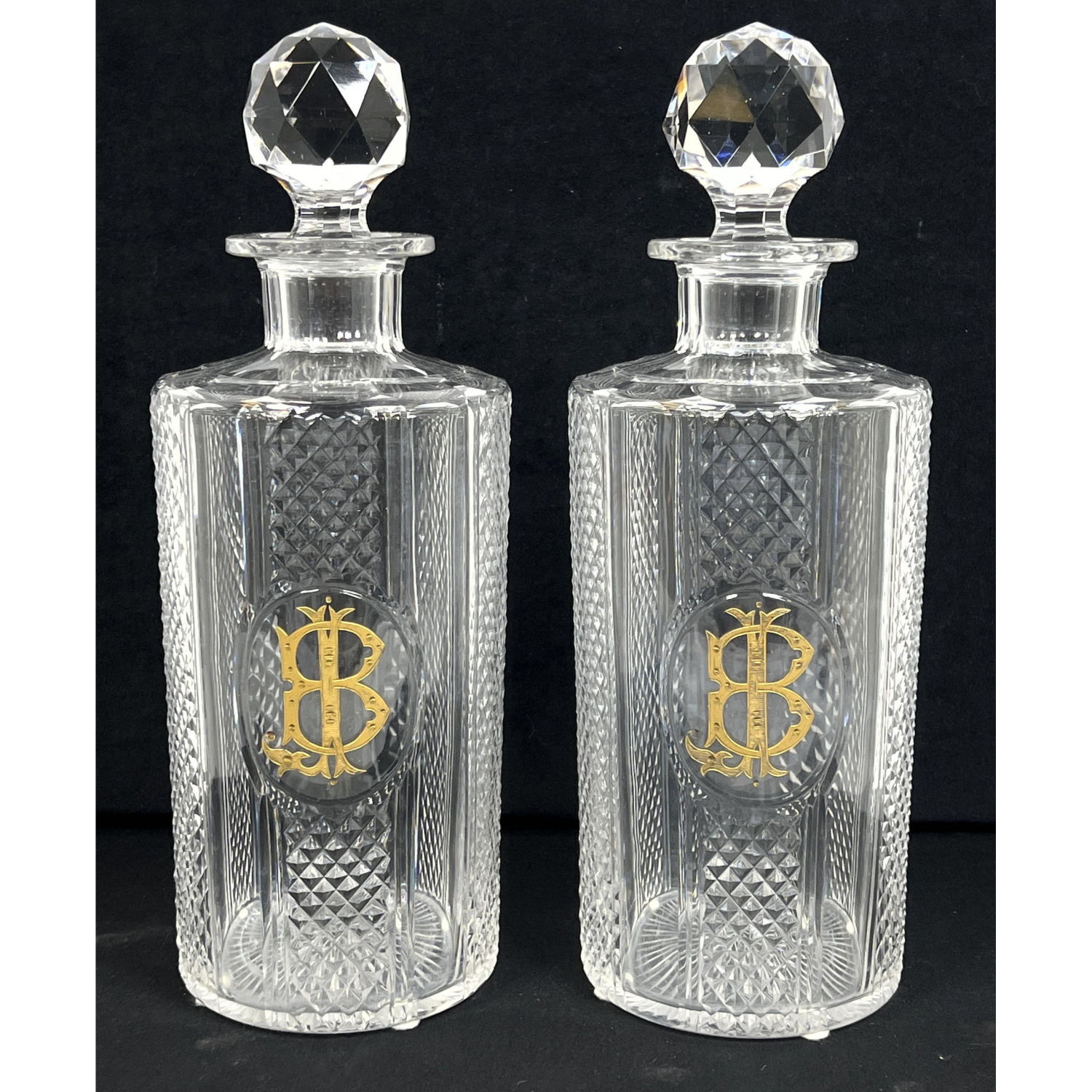 Appraisal: Pr Tall Cut Crystal Decanters Bottles Faceted Crystal Ball Stoppers