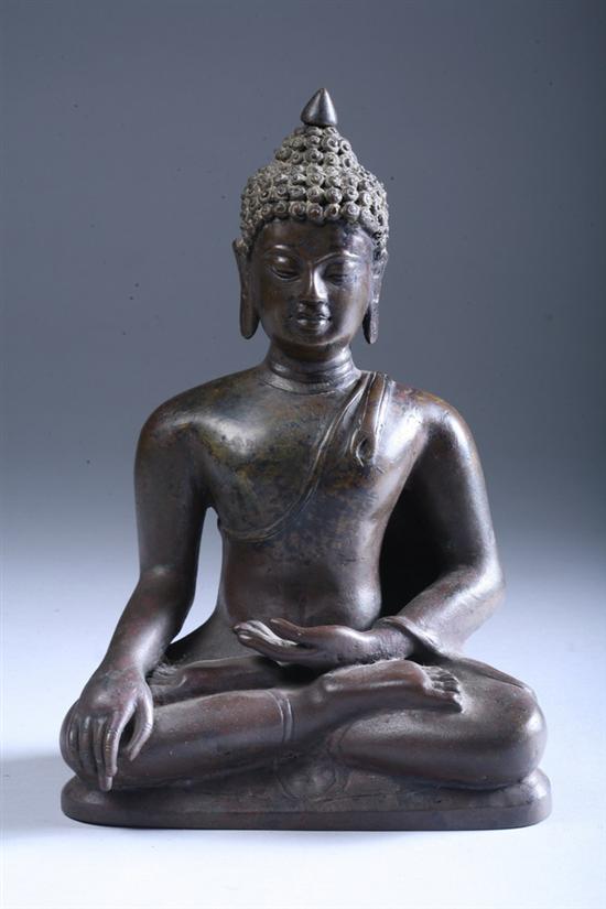 Appraisal: ASIAN BRONZE FIGURE OF BUDDHA Seated in dhyanasana with his