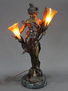 Appraisal: Art Nouveau style patinated bronze figural table lamp Art Nouveau