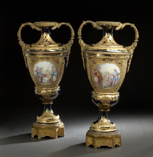 Appraisal: Opulent Pair of French Gilt-Brass-Mounted Bleu du Roi Porcelain Garniture