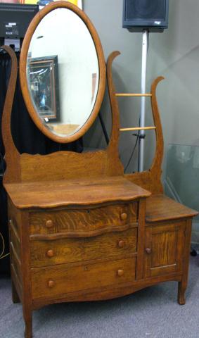 Appraisal: Antique Oak Wash Stand unique style with oval mirror towel