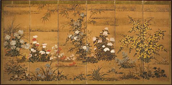 Appraisal: Rimpa School Flowering Plants Edo Period Large six panel screen