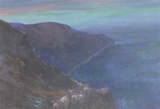 Appraisal: Phelan Gibb - mixed media Sheep on a coastal path