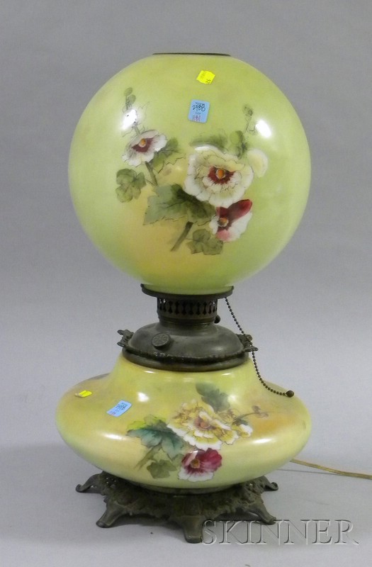 Appraisal: Late Victorian Transfer and Hand-painted Hollyhock Decorated Glass and Metal-mounted