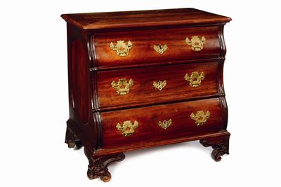 Appraisal: An Indo-Portuguese teak bombe front commode the moulded edge top