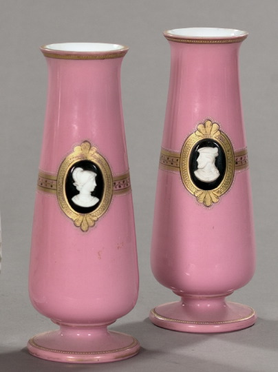 Appraisal: Attractive Pair of French Pink-Cased White Opal Glass Garniture Vases