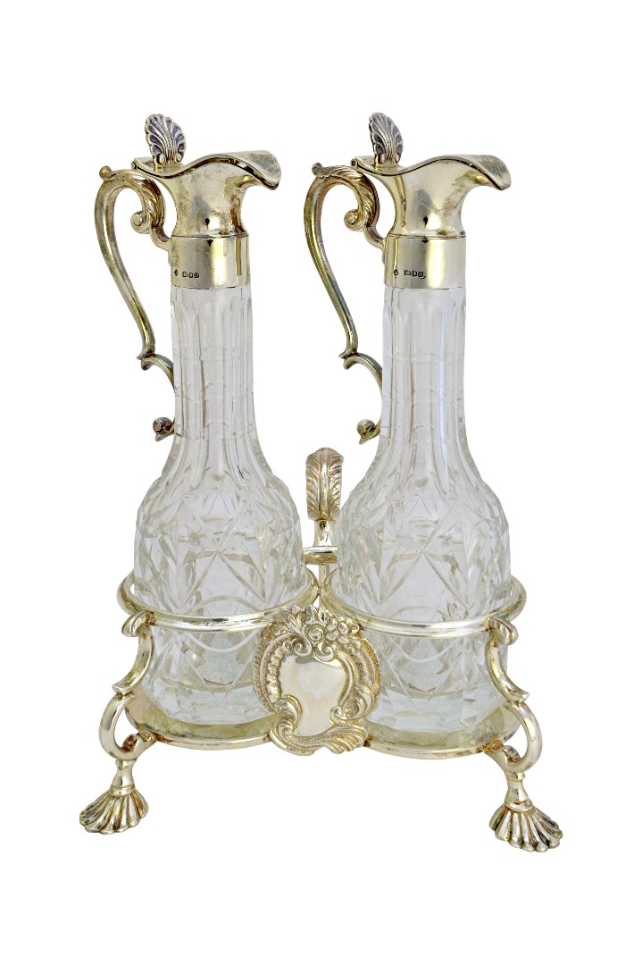 Appraisal: A silver twin bottle oil and vinegar cruet stand in