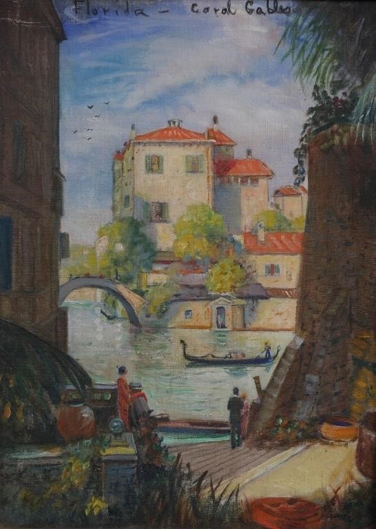 Appraisal: Landscape oil painting showing a gondola moving down the waterway