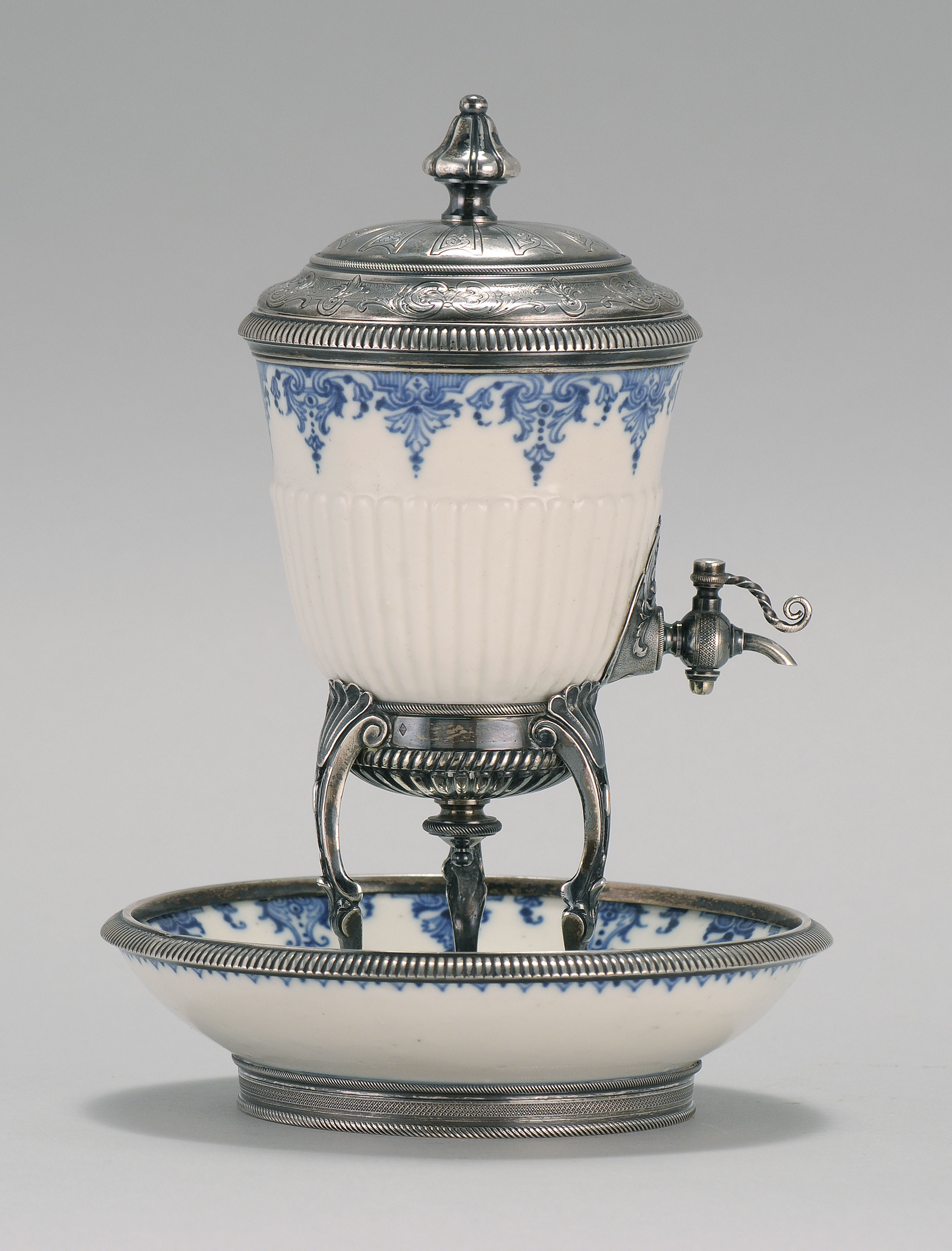 Appraisal: SILVER-MOUNTED SAINT-CLOUD SOFT-PASTE PORCELAIN PERFUME URN AND UNDERTRAY FranceThe mid-