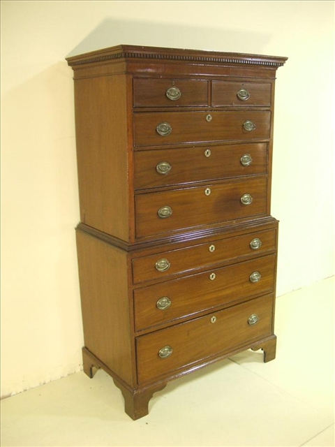 Appraisal: ENGLISH MAHOGANY CHEST ON CHEST OF DRAWERS With dentil molding