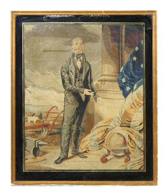 Appraisal: n American Needlework Panel depicting a standing gentleman with plow