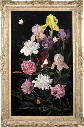 Appraisal: Frank H Redelius th C Bearded Iris and Peonies Oil