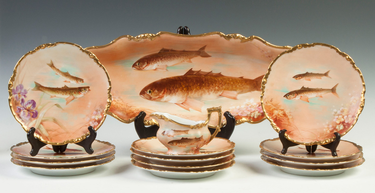 Appraisal: Limoges Fish Set with Hand Painted Fish Artist sgn Dubuis