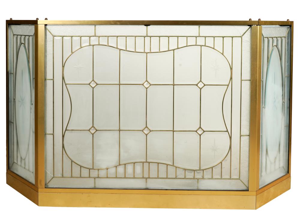 Appraisal: BRASS LEADED GLASS FIRE SCREENeach panel double-sided Condition some cracks