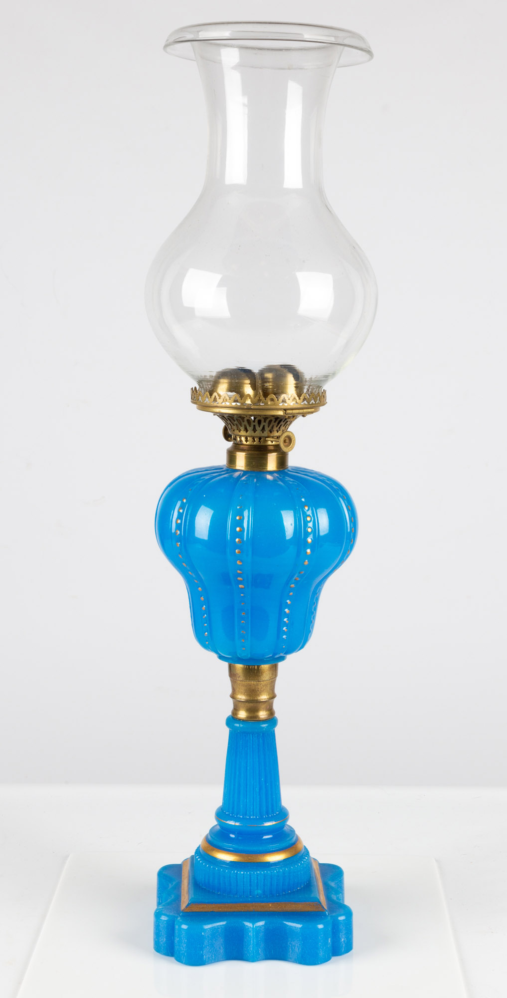 Appraisal: BLUE OPALINE DOUBLE BURNER OIL LAMP Blue opaline glass with