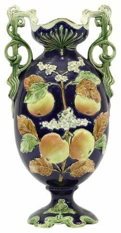 Appraisal: Art Nouveau majolica double-handled vase early th c in blue