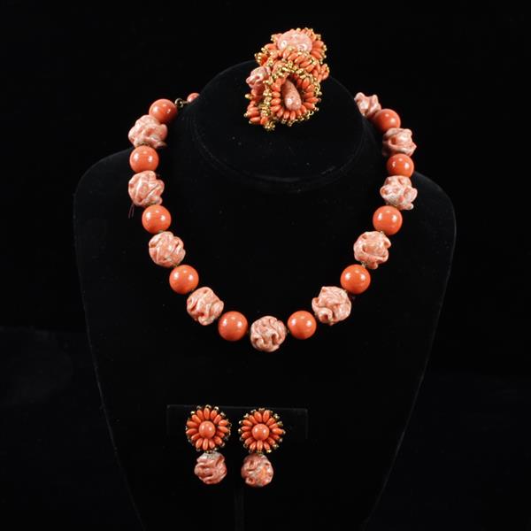 Appraisal: Miriam Haskell pc beaded coral glass necklace brooch pin clip