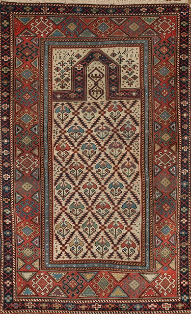 Appraisal: AN ANTIQUE CAUCASIAN PRAYER RUG with stylised latticework design within