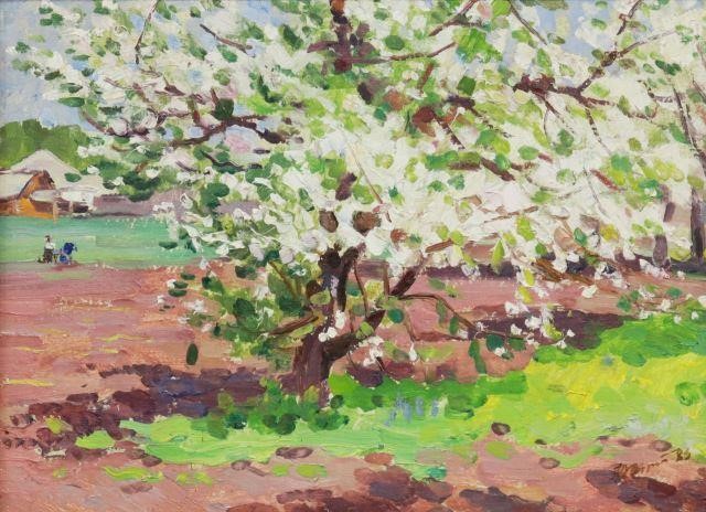 Appraisal: Framed oil on board painting Apple Blossom Tree signed illegibly