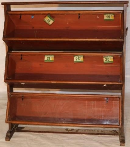 Appraisal: MAHOGANY THREE-SECTION BISCUIT CABINET STRETCHERBASE SHOE FOOT GLASS IS LOOSE