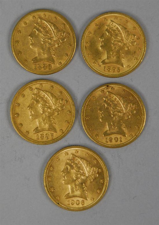 Appraisal: FIVE UNITED STATES LIBERTY HEAD FIVE DOLLAR GOLD COINS dated