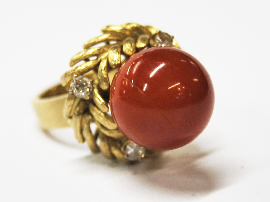 Appraisal: k dress ring set with coral and diamonds to match