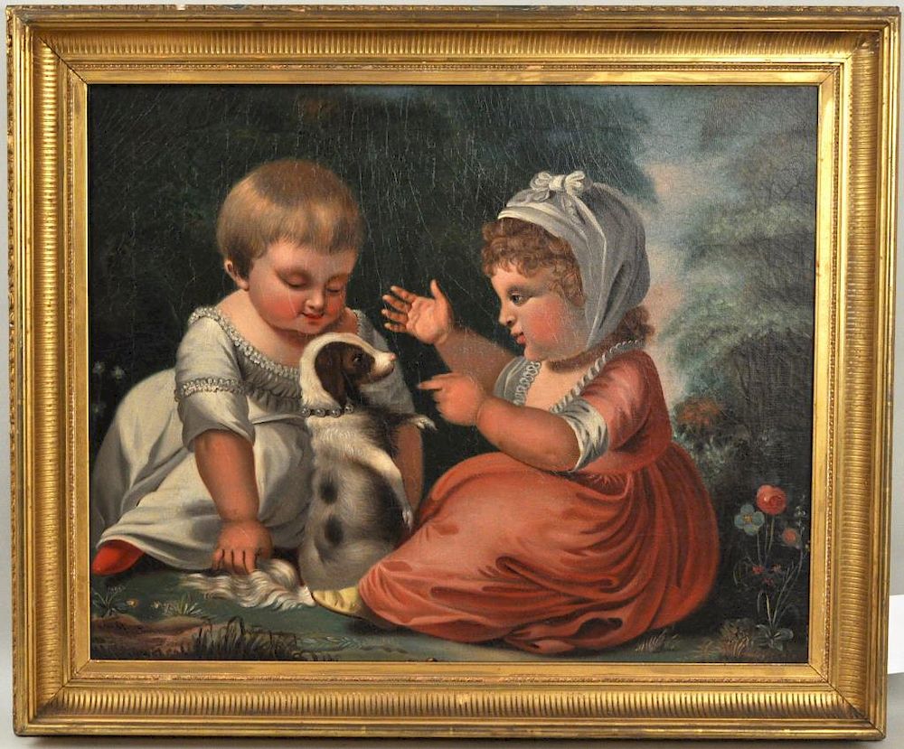 Appraisal: Folk Art O P Portrait of Two Children with Dog