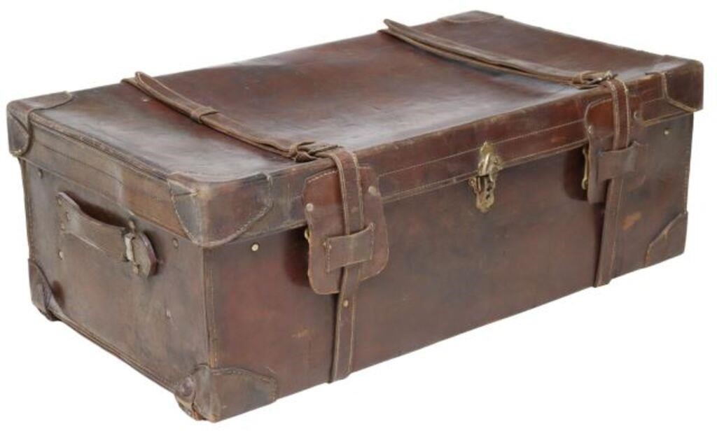 Appraisal: Vintage leather trunk suitcase early to mid th c canvas-lined