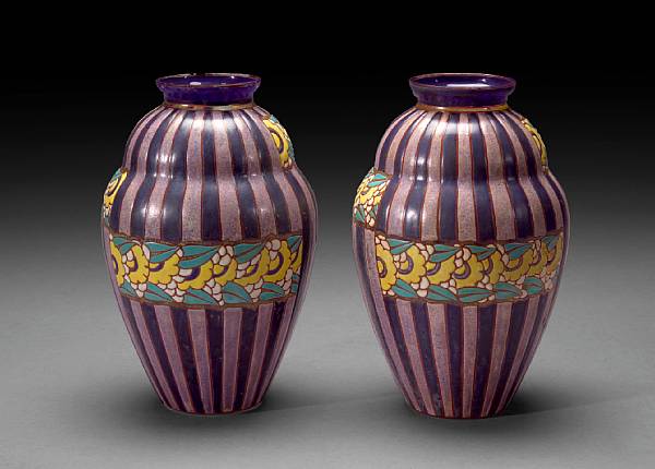 Appraisal: A pair of French Art Deco enameled glass vases in