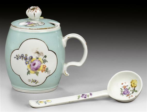 Appraisal: MUSTARD POT WITH LID AND SPOON MEISSEN MID TH CENTURY