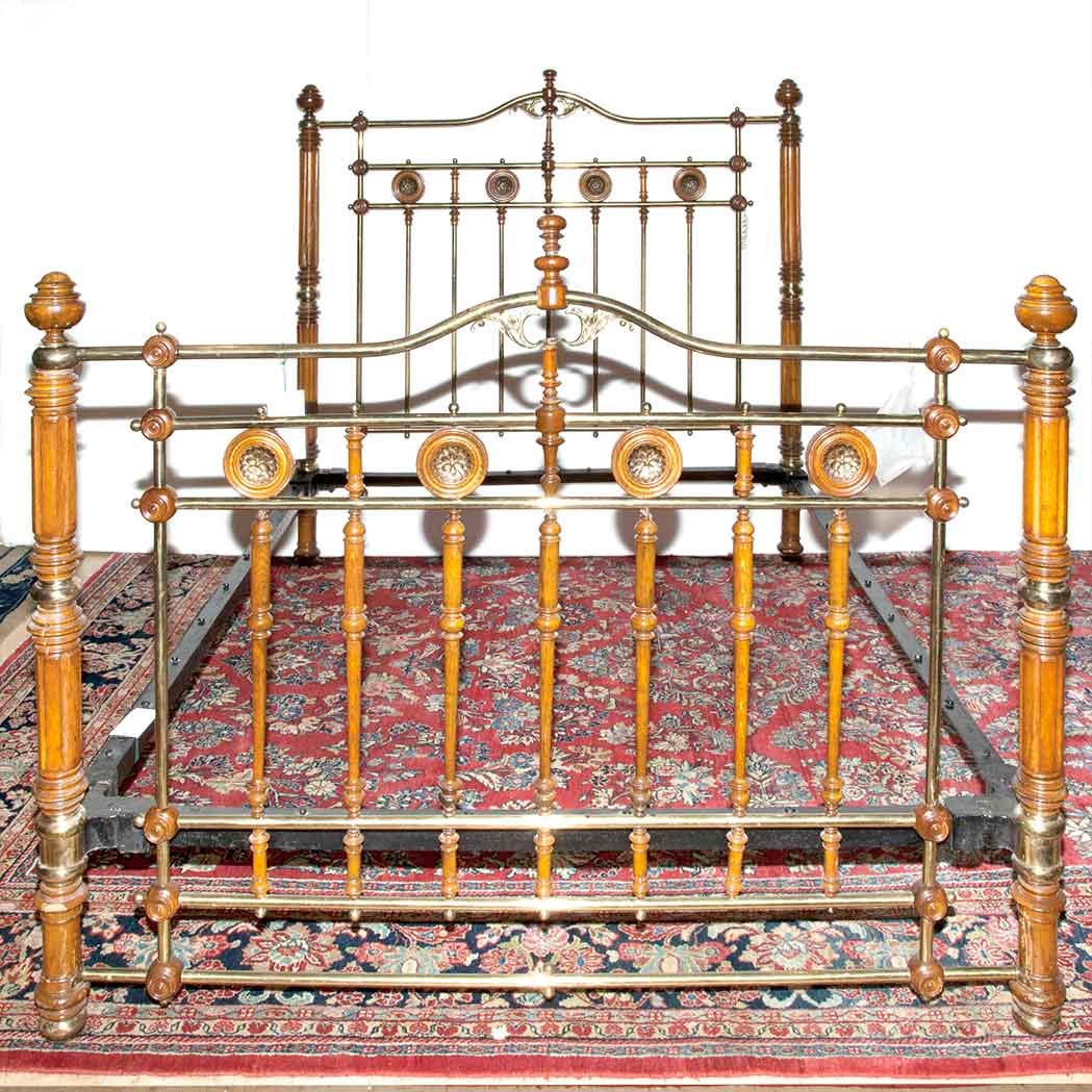 Appraisal: Victorian Oak and Brass Bedstead The headboard with an arched