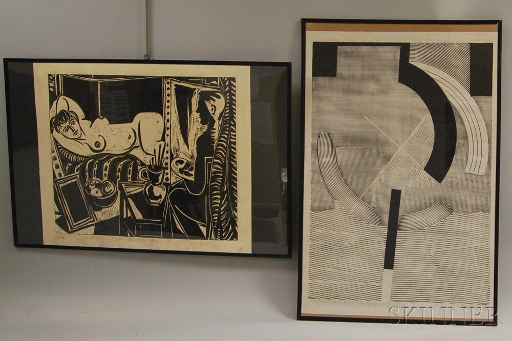 Appraisal: Two Modern Czech Prints a woodcut of an artist painting