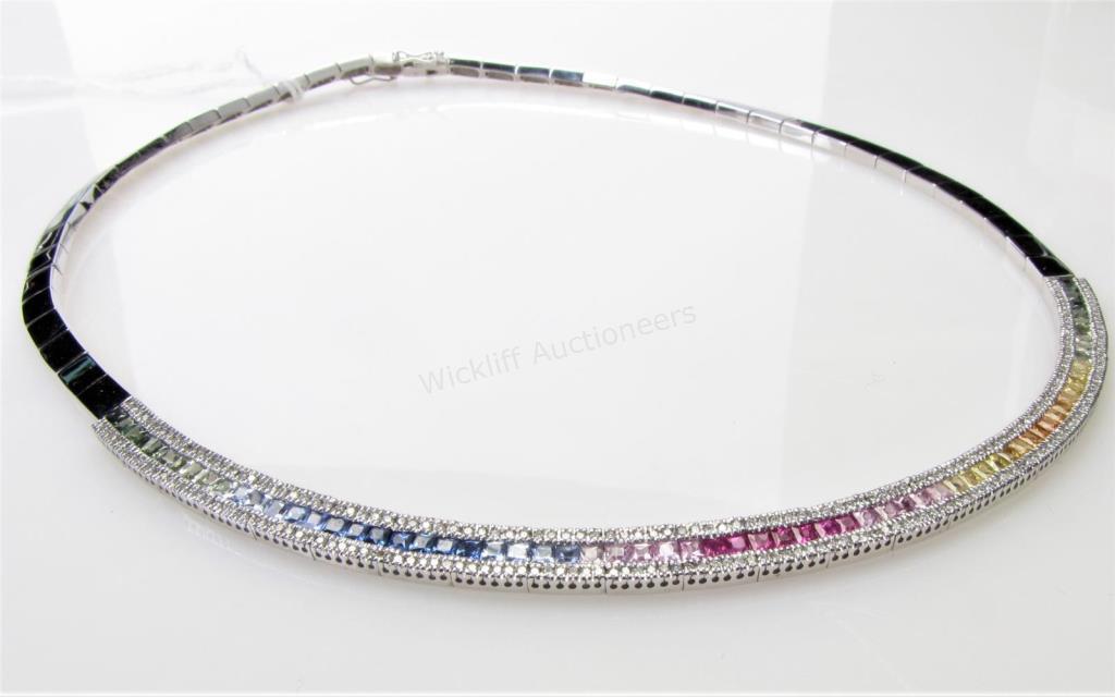 Appraisal: A K white gold necklace containing sixty-six princess cut sapphires