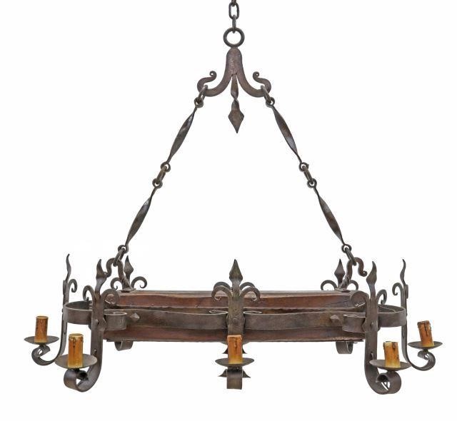 Appraisal: French Gothic Revival wrought iron and wood chandelier th c