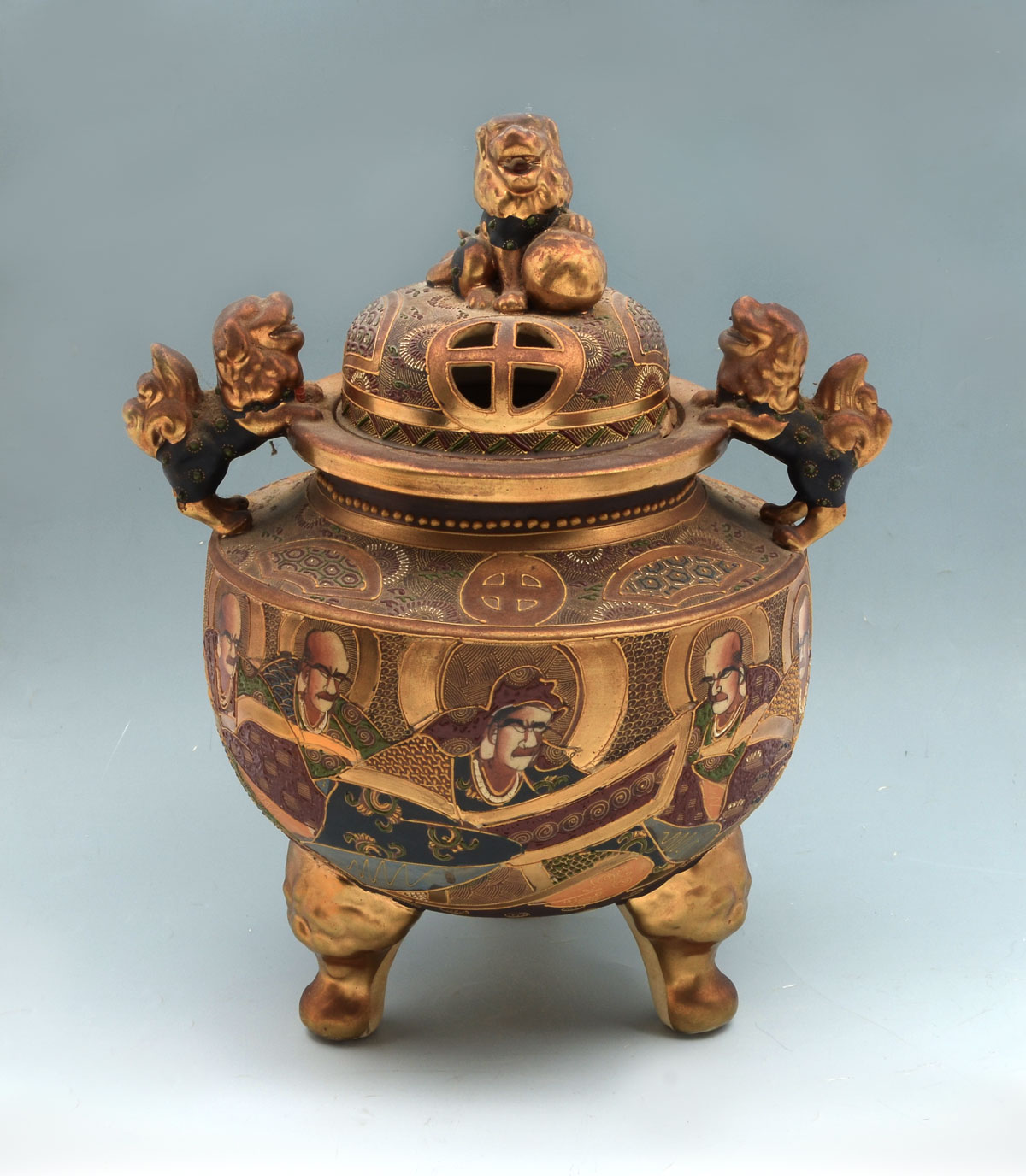 Appraisal: LARGE SATSUMA MORIAGE LIDDED CENSER Early 's Satsuma censer decorated