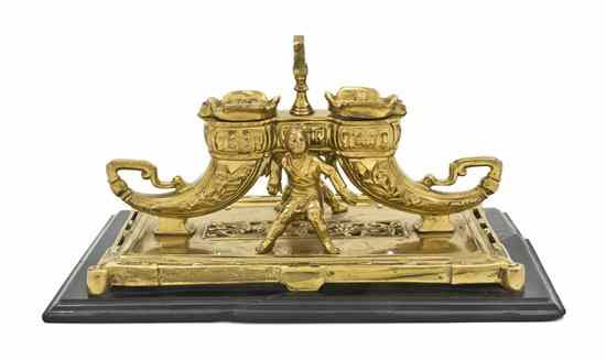 Appraisal: A Bronze Inkstand having two horn shaped reservoirs flanked by