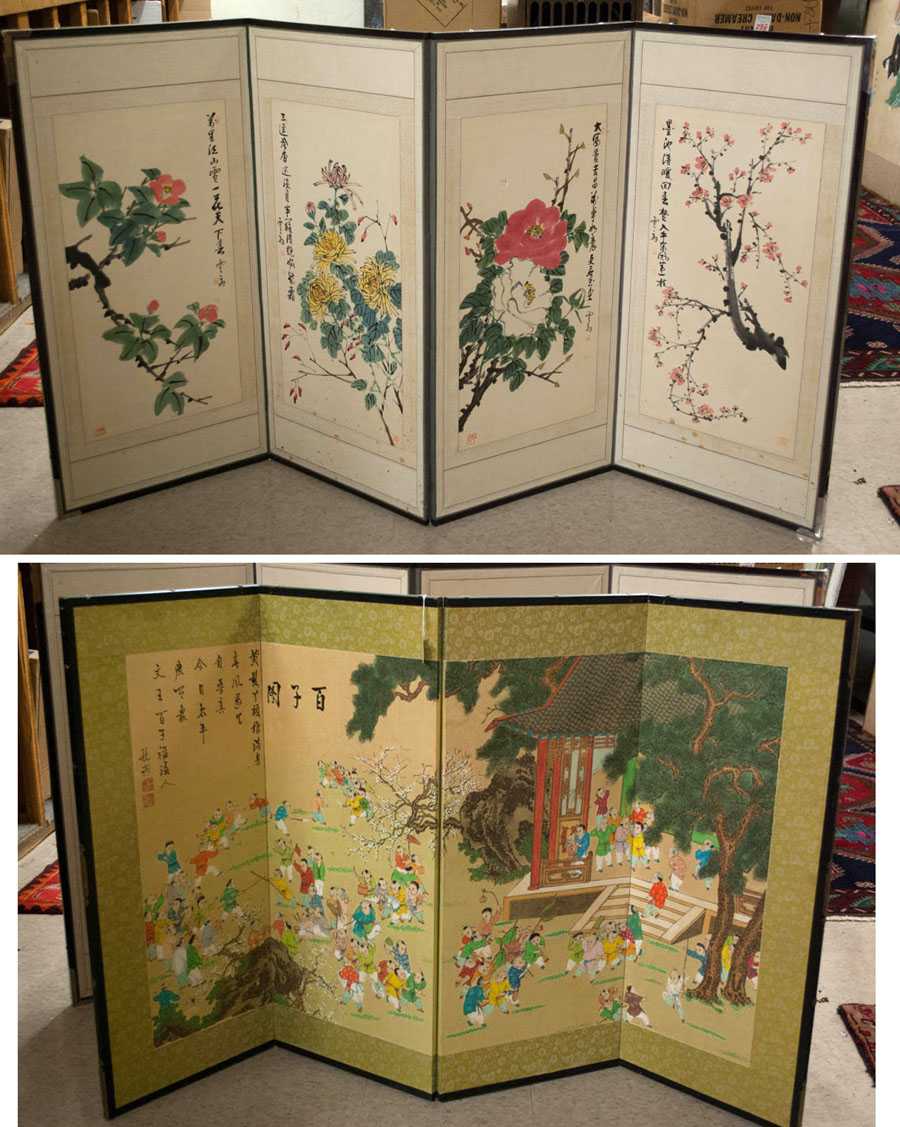 Appraisal: TWO CHINESE FLOOR SCREENS each having four hand painted panels