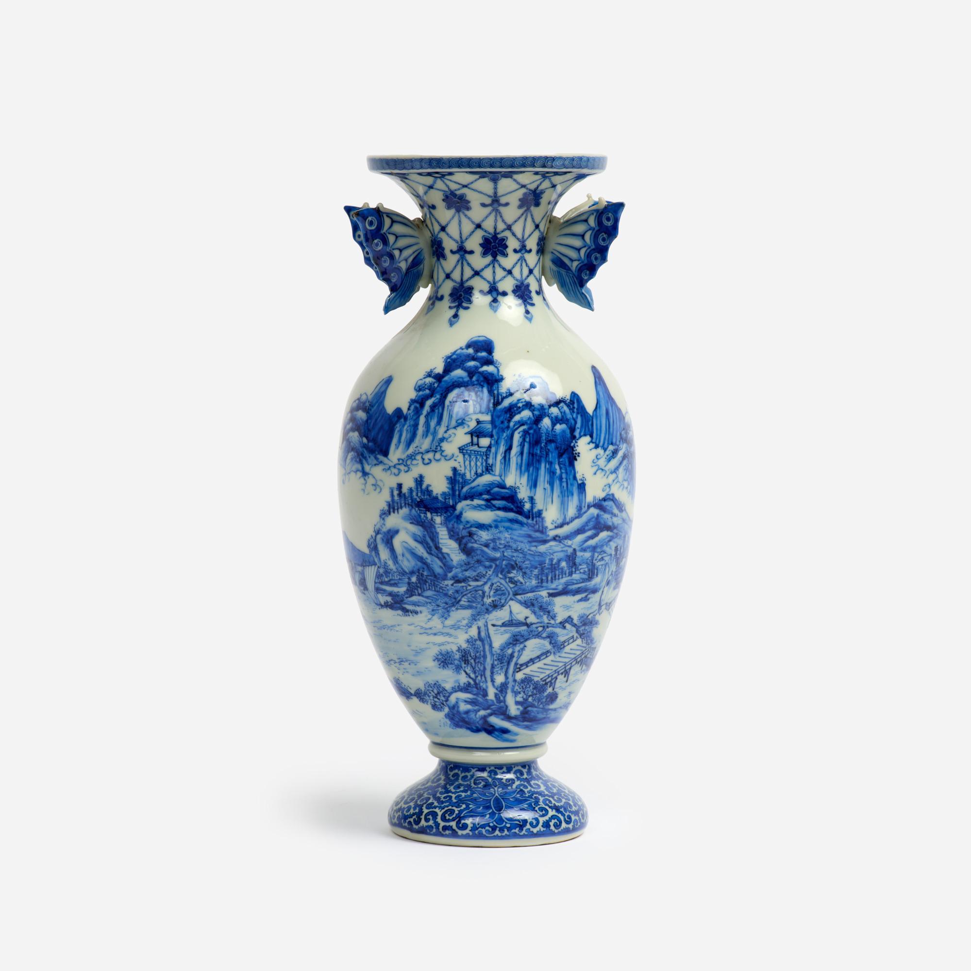 Appraisal: JAPANESE STUDIO LANDSCAPE VASE WITH BUTTERFLY HANDLES An unusual and