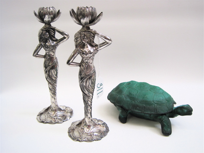 Appraisal: PAIR SILVER PLATED CANDLESTICKS GLASS TURTLE DISH pieces The figural