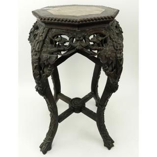 Appraisal: th Century Chinese Craved Marble Top Plant Stand Carved floral