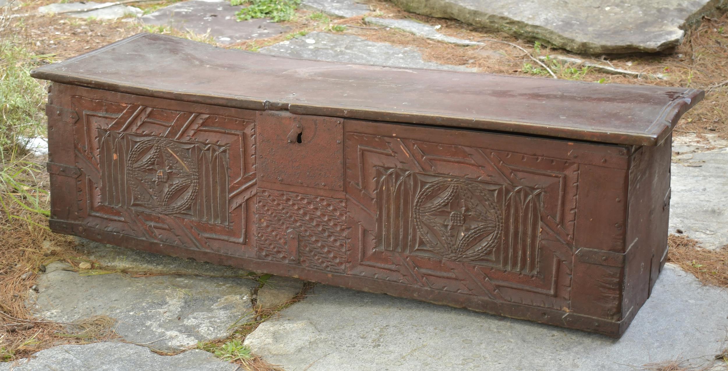 Appraisal: TH C CARVED PAINTED ENGLISH ARMS CHEST Ca 's oak