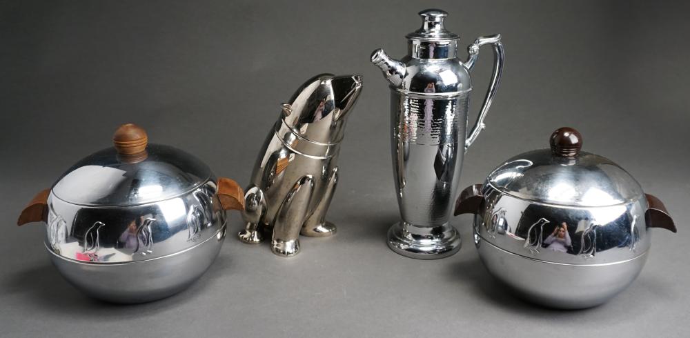 Appraisal: Pair Metal Penguin Decorated Servers Bear-Form Shaker and Hammered Pitcher