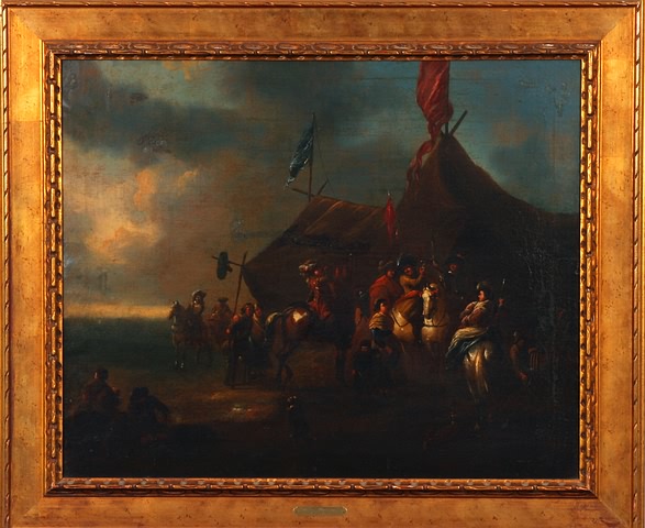 Appraisal: Military encampment scene with officers on horseback oil on canvas