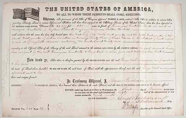 Appraisal: War of James Buchanan Secretarial Signed Land Grant for War