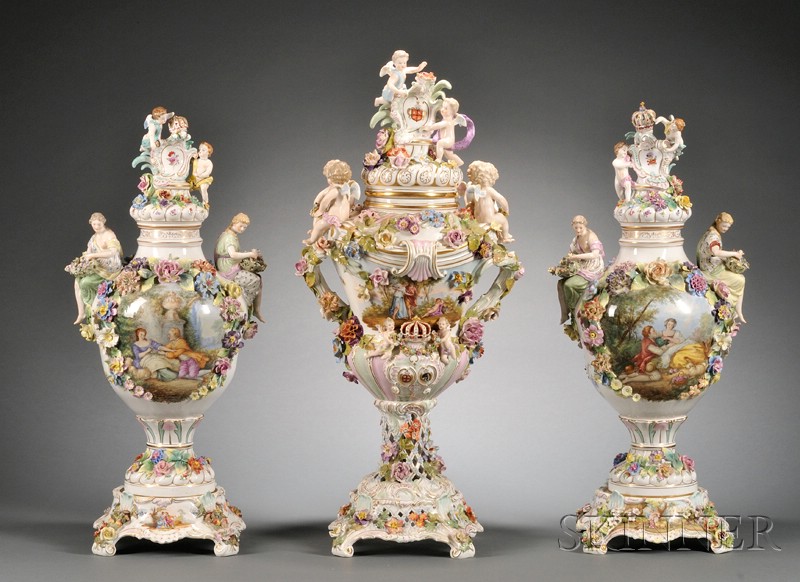 Appraisal: Monumental Assembled Three-Piece German Porcelain Vase Garniture Set c comprising