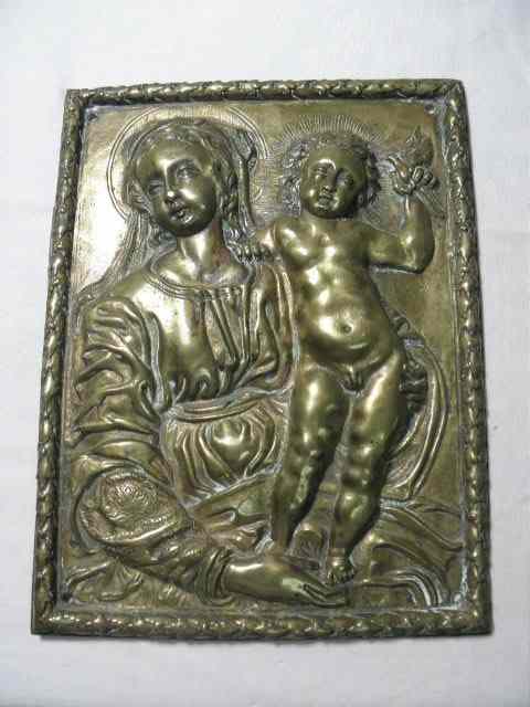 Appraisal: Brass figural relief wall plaque Depicts a mother and child