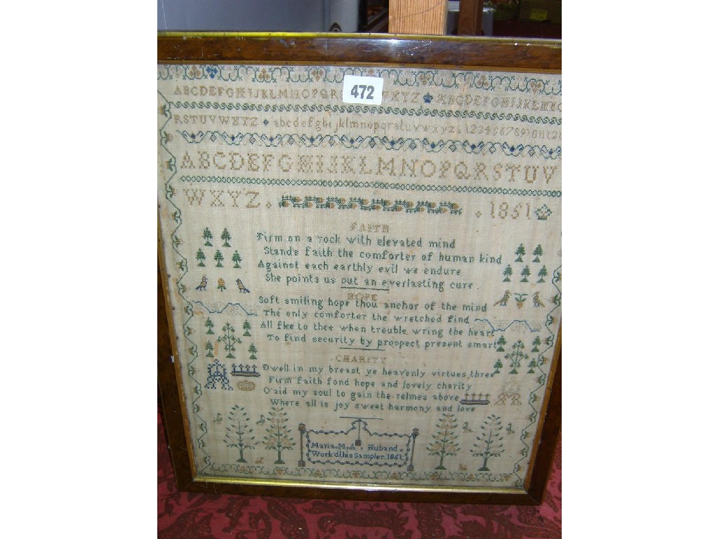 Appraisal: A th century needlework sampler by Maria M A Huband