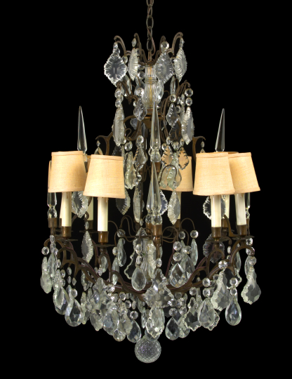 Appraisal: French Bronze-Patinated Brass and Cut Glass Eight-Light Chandelier second quarter