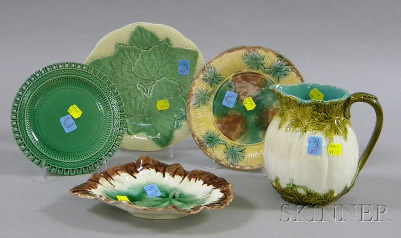 Appraisal: Five Pieces of Assorted Majolica Tableware a melon-form jug leaf-form